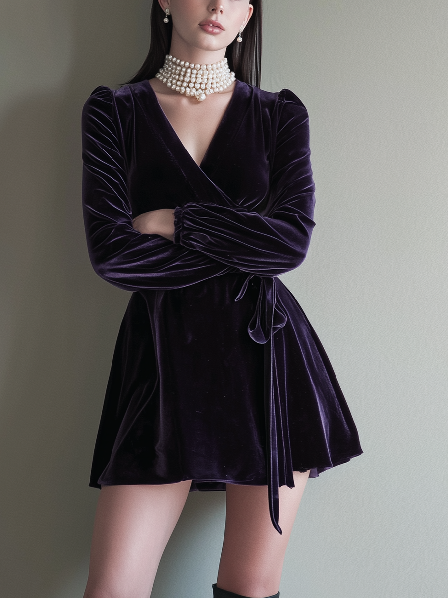 Women's Dark Purple Velvet V-Neck Tie-Waist Mini Dress MDA0594K1T