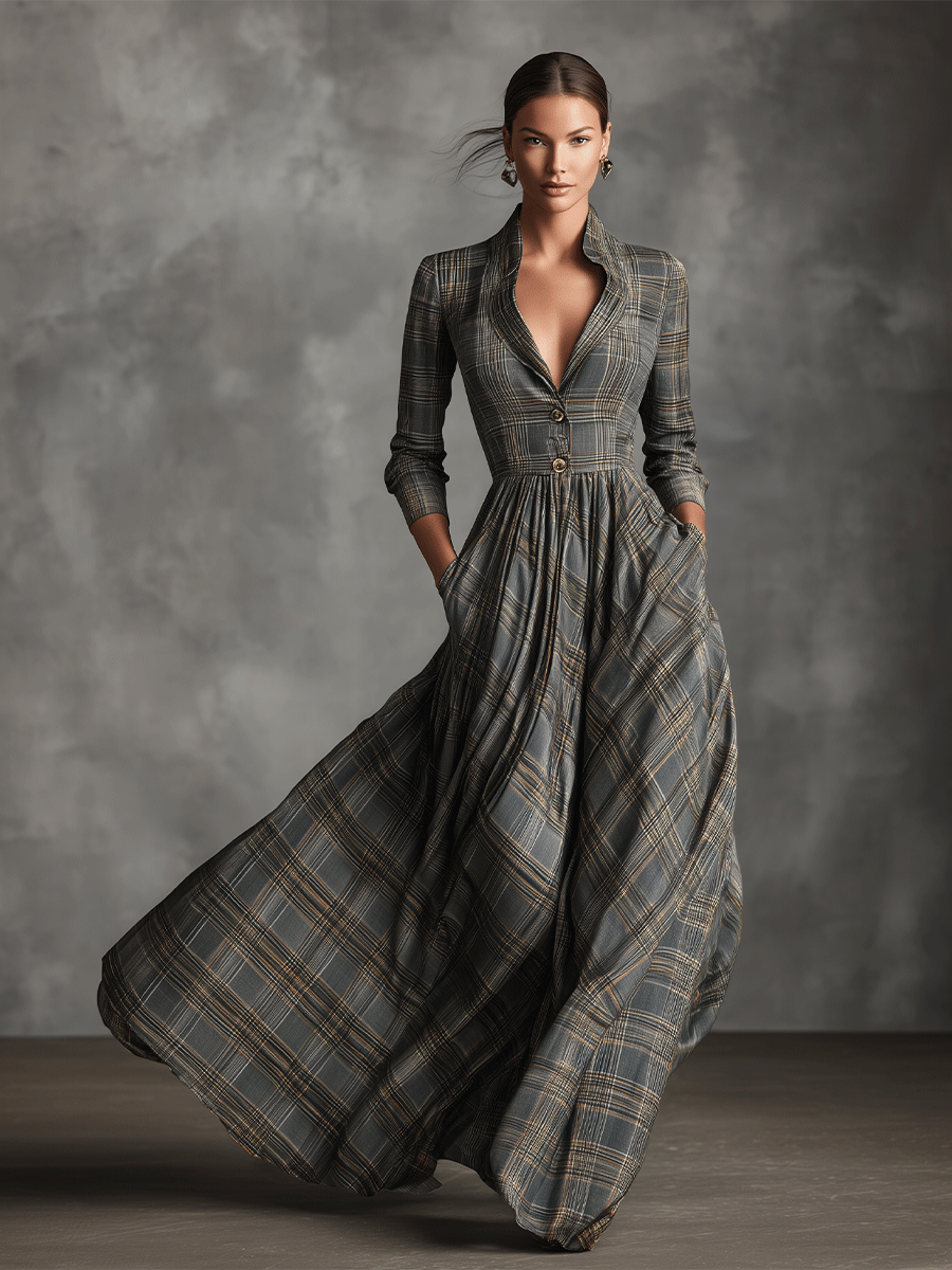 Women's Grey Sophisticated Tartan - Patterned Linen - Blend Flared Maxi Dress MDA0222I7I