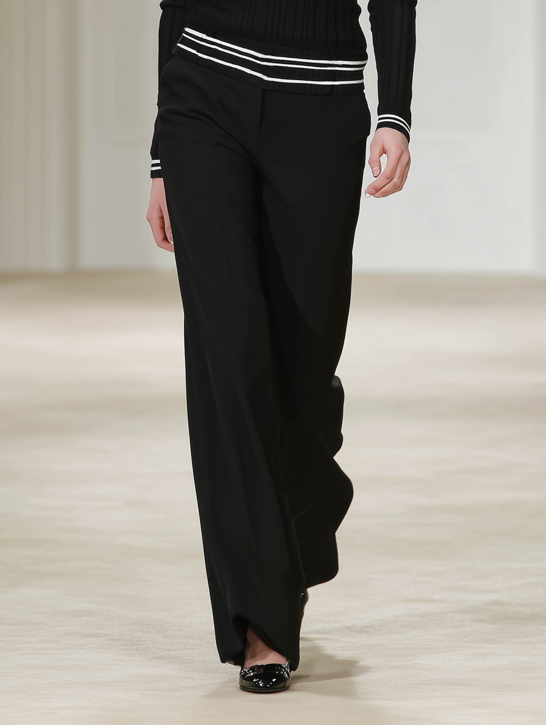 Women's Ribbed Sailor Collar Knit Sweater And Woven Straight Leg Pants Set MDA1763K9Y