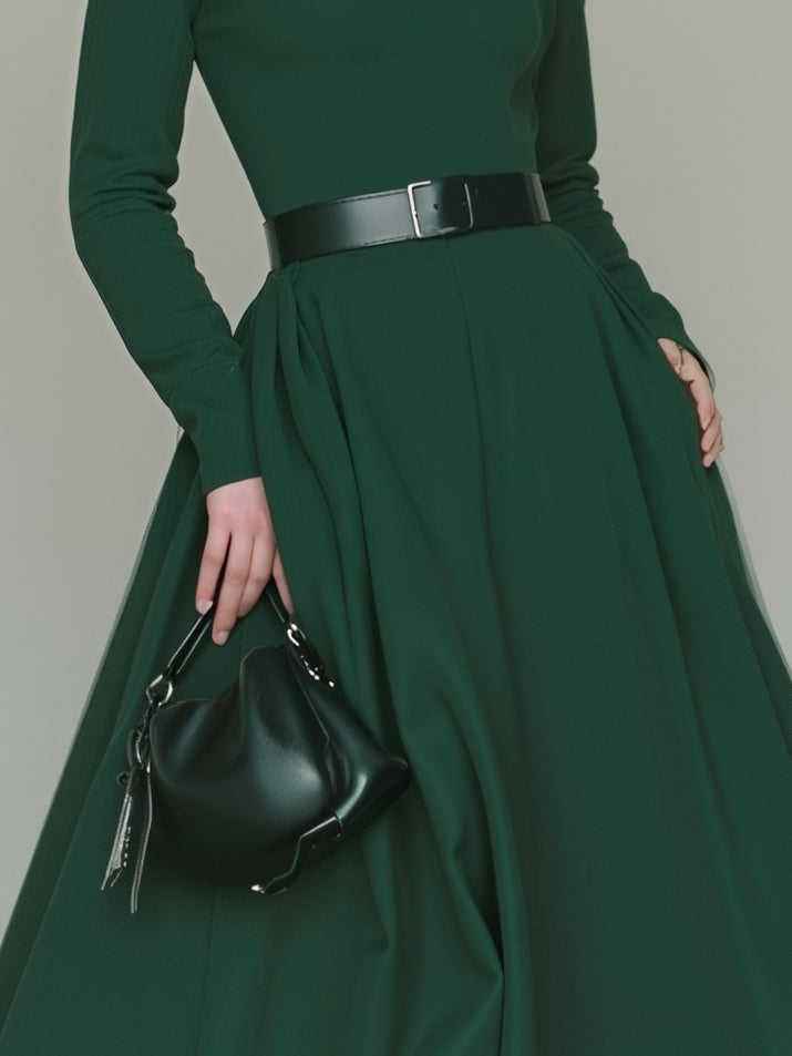 Women's Elegant And Sophisticated Emerald Green Turtleneck Slim-fit A-line Long Dress With Belt MDA0727K4AN