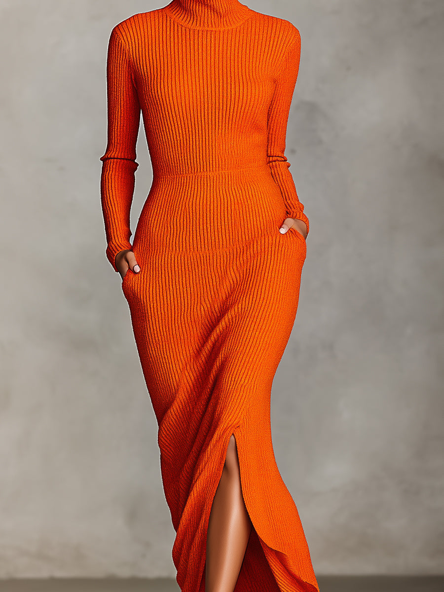 Women's Orange Elegant Ribbed Knit Turtleneck Slit Maxi Dress MDA1705I2I