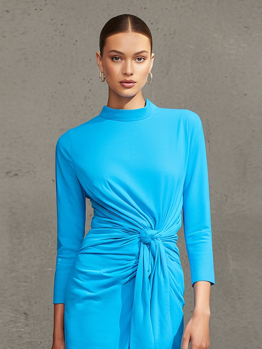 Women's Sleek Stretch Woven Bright Cyan Mock-Neck Knot-Ruched Midi Dress MDA1742L1AU