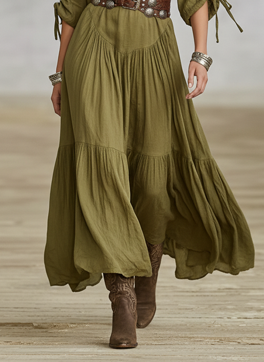 Women's Cotton-linen Blend Shirt Collar Long-sleeved Maxi Dress (belt Not Included) MDA0572K9Y