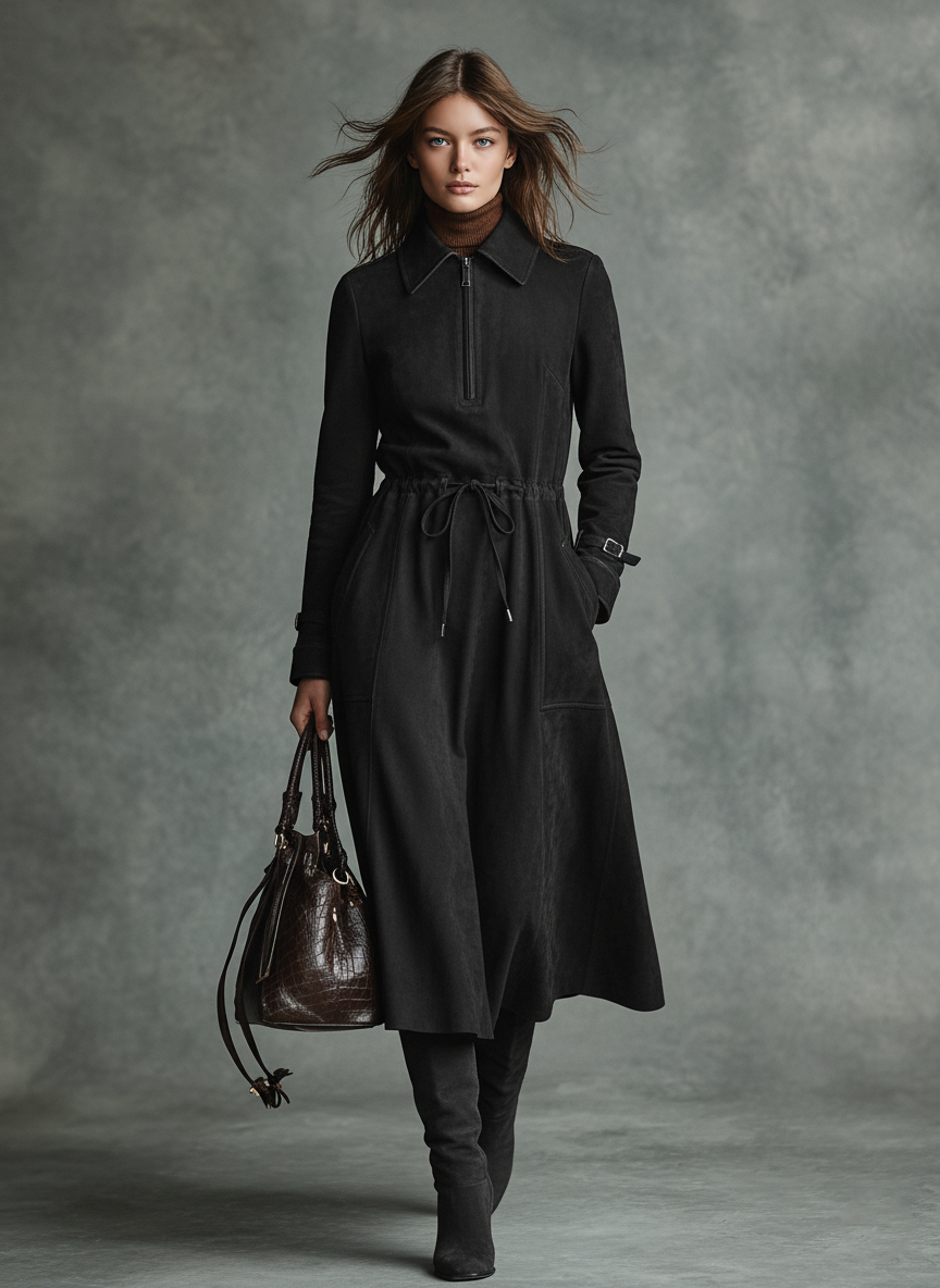 Women's Faux Suede Drawstring Zipper Lapel Midi Dress MDA2802J5Y