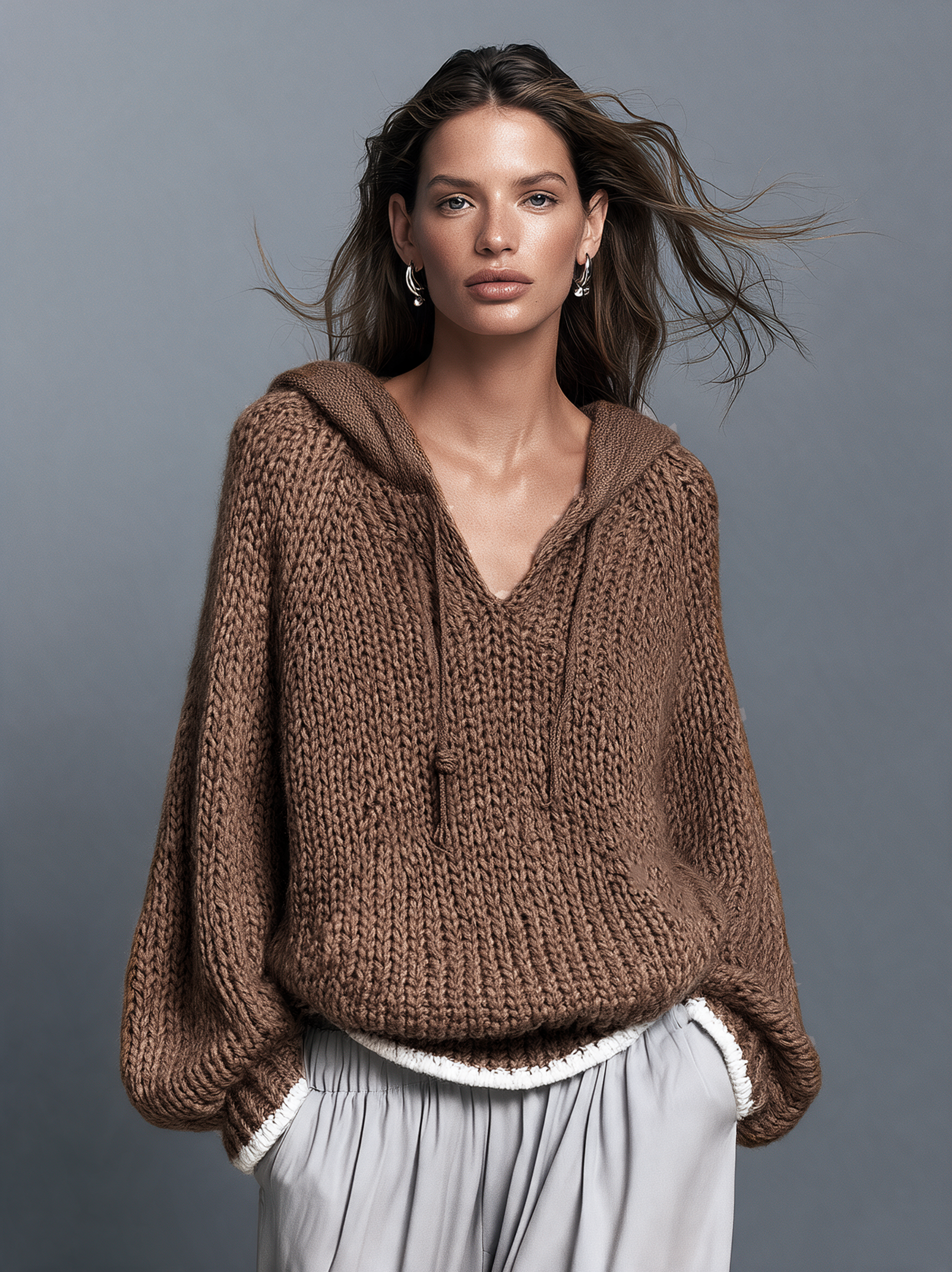 Women's Casual Grey Long-Sleeve Knitted Hoodie