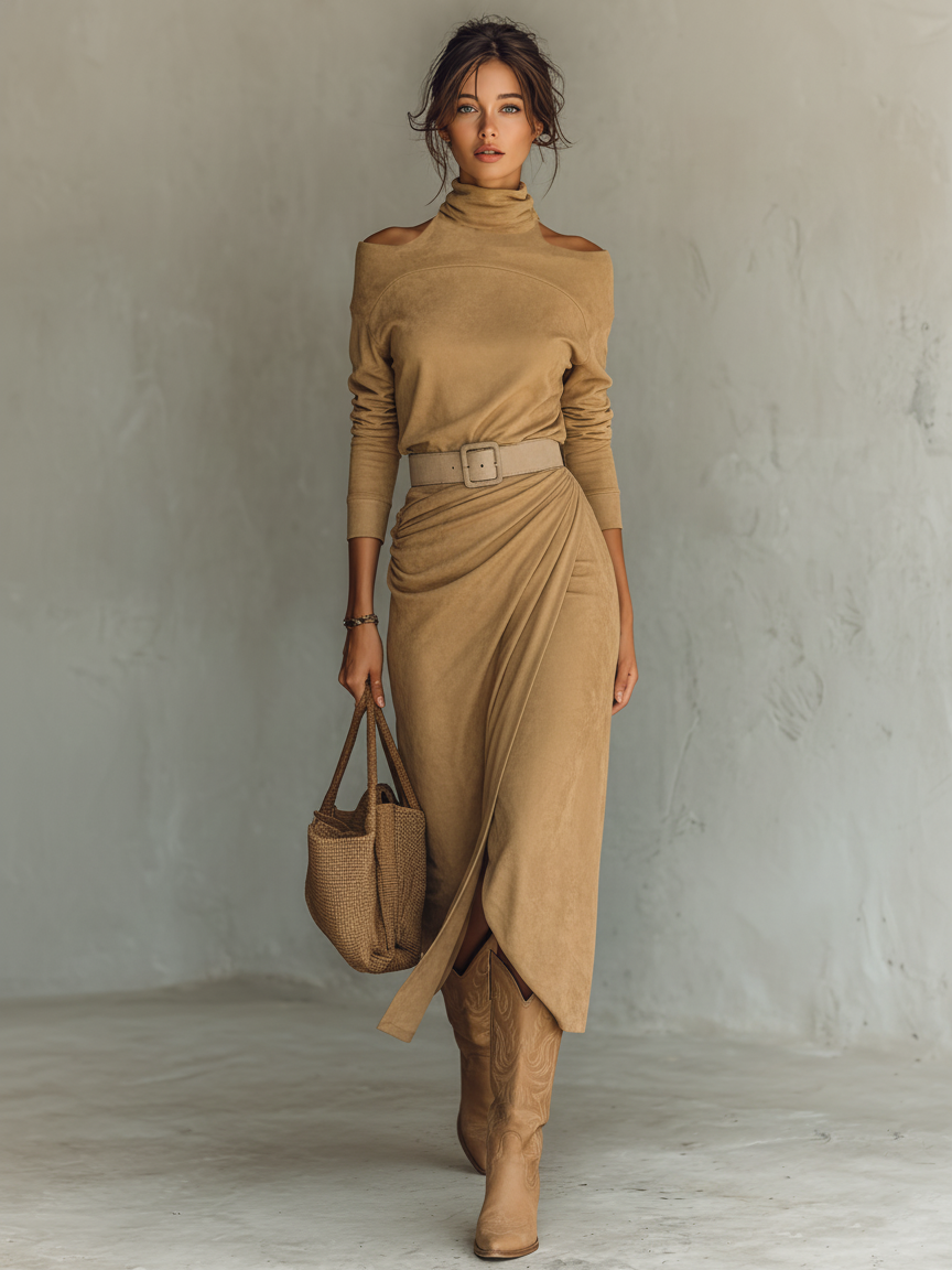 Women's Minimalist Faux Suede High-neck Shoulder Cutouts Midi Dress MDA1711L8Y