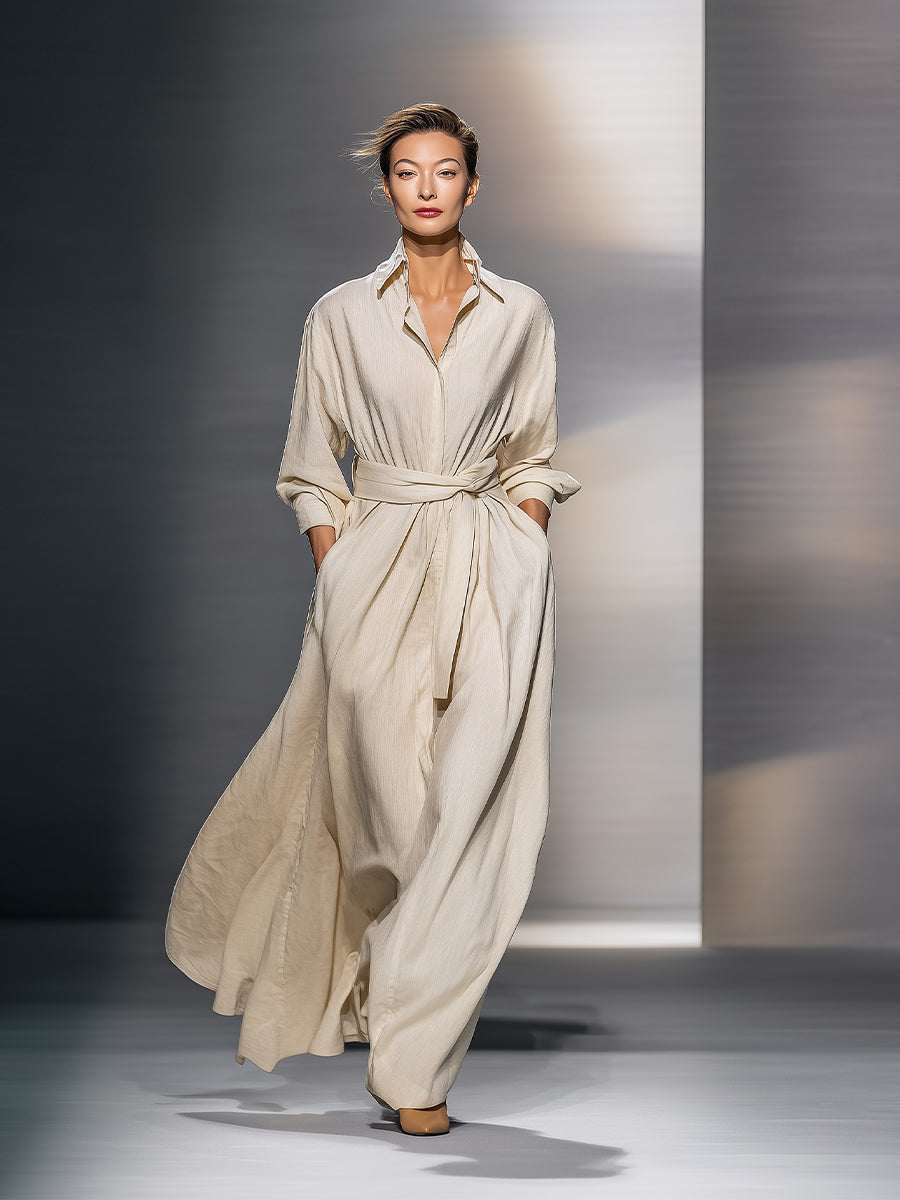 Women's Beige Elegant Linen Cotton Blended Belted Maxi Shirt Maxi Dress MDA1198H9I