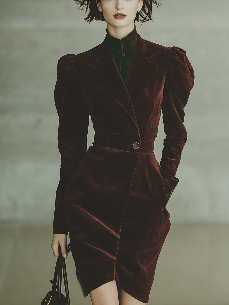 Women's Burgundy Velvet Business Casual Waisted Midi Dress MDA2291J9T