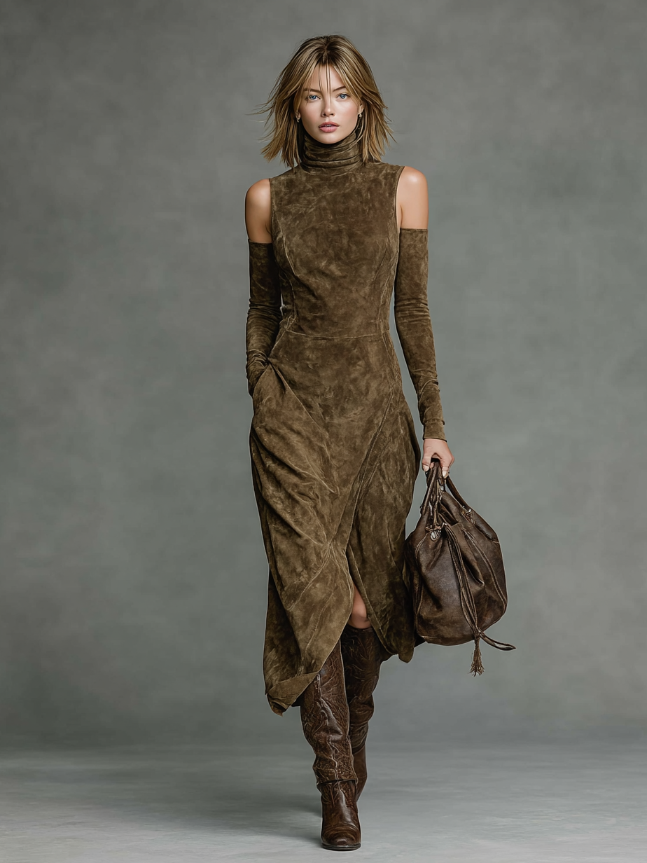 Women's Fashion Suede High Neck Long Sleeve Off-Shoulder Straight Midi Dress MDA1676H4Y