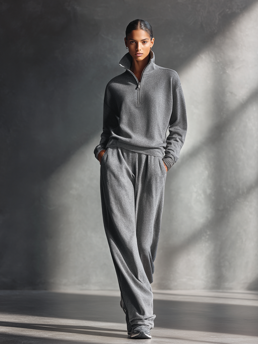 Women's Grey Half-Zip Sweatshirt And Wide-Leg Pants Loungewear Set MDA0532L4AP