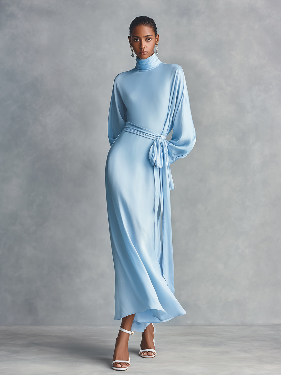 Women's Light Blue Satin Elegant Turtleneck Tie-Waist Midi Dress MDA1584K0I