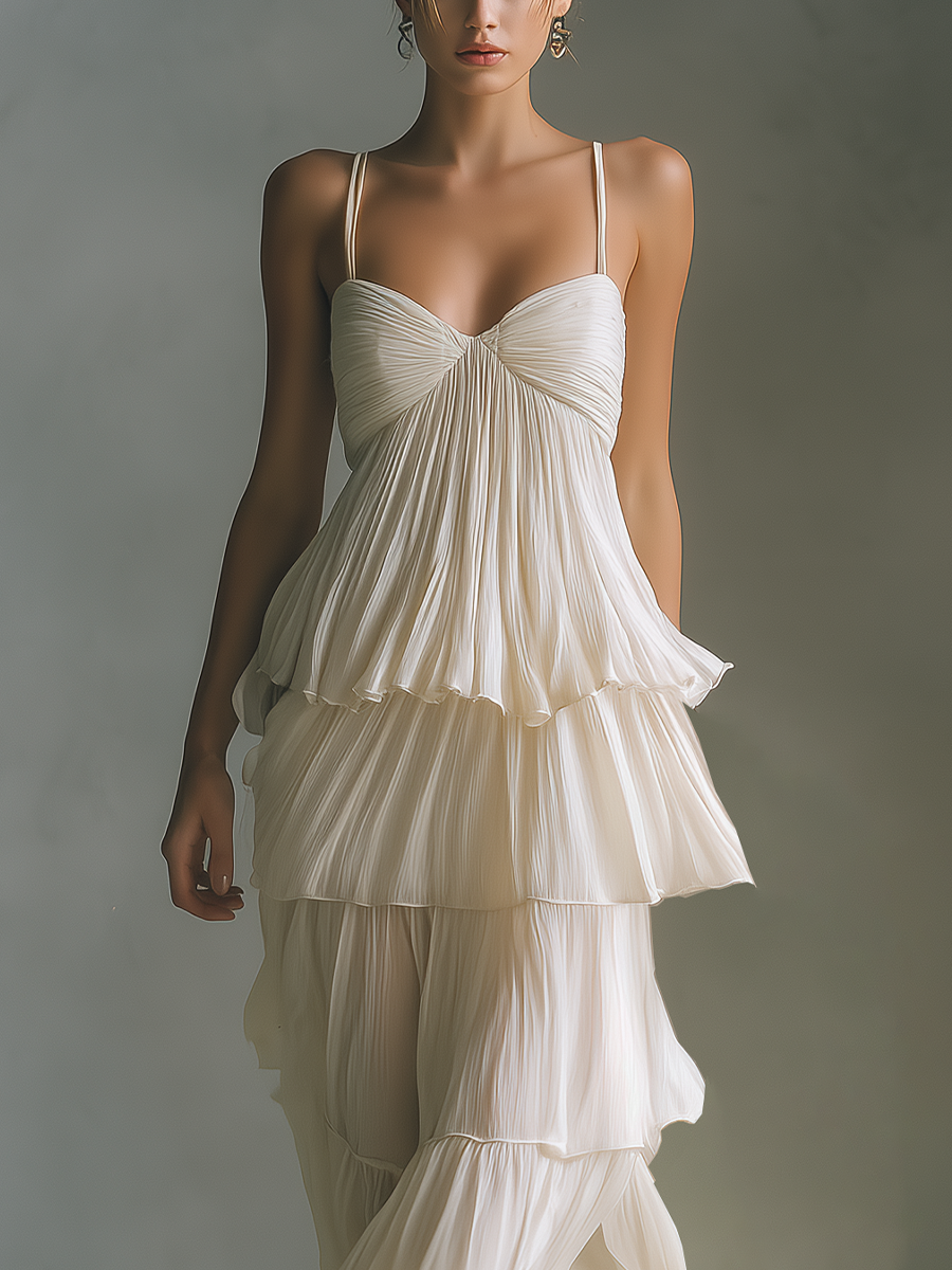 Women's Ivory Tiered Ruffle Maxi Dress With Spaghetti Straps & Sweetheart Neckline MDZ2871B0T