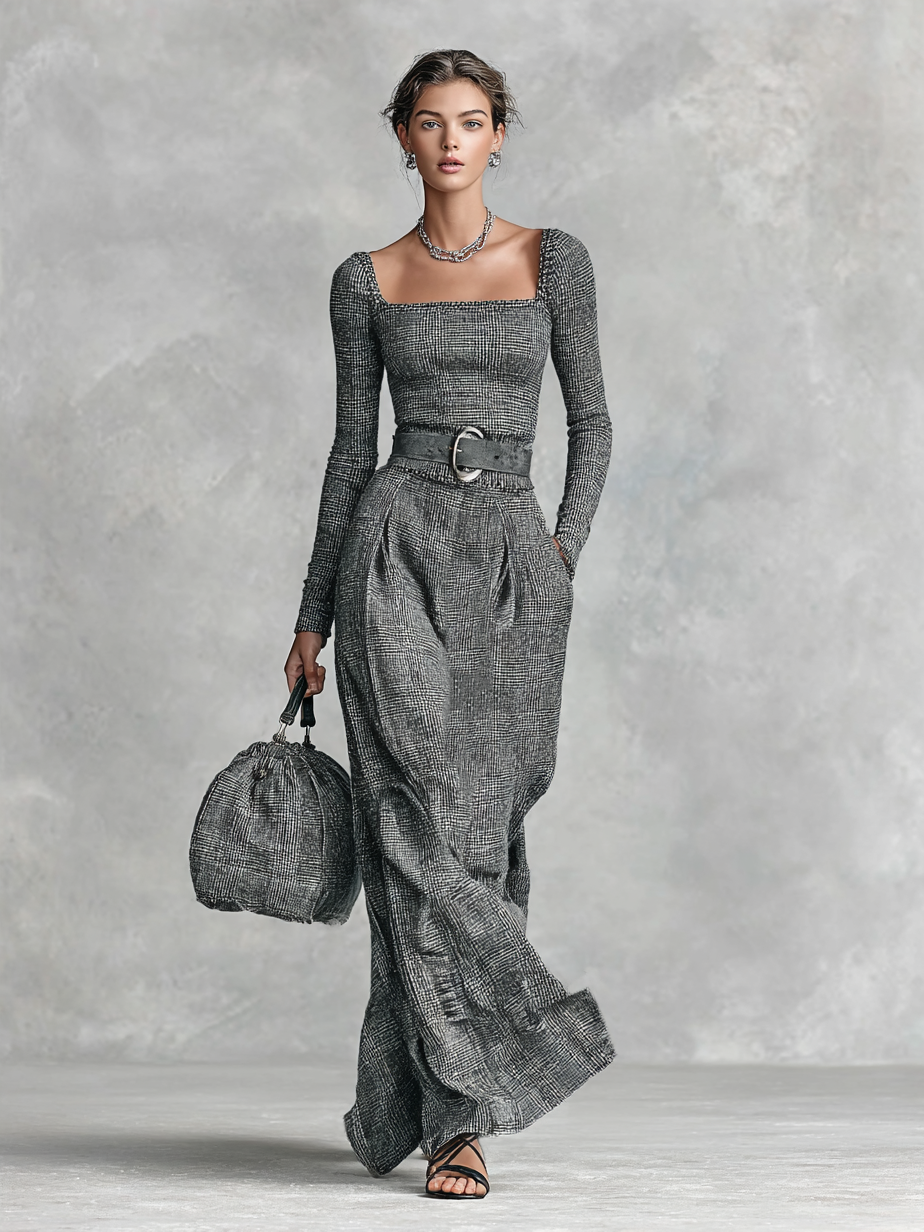 Women's Fashion Plaid Square Neck Top Straight Long Skirt Two-piece Set (belt Not Included)MDA2565G5Y