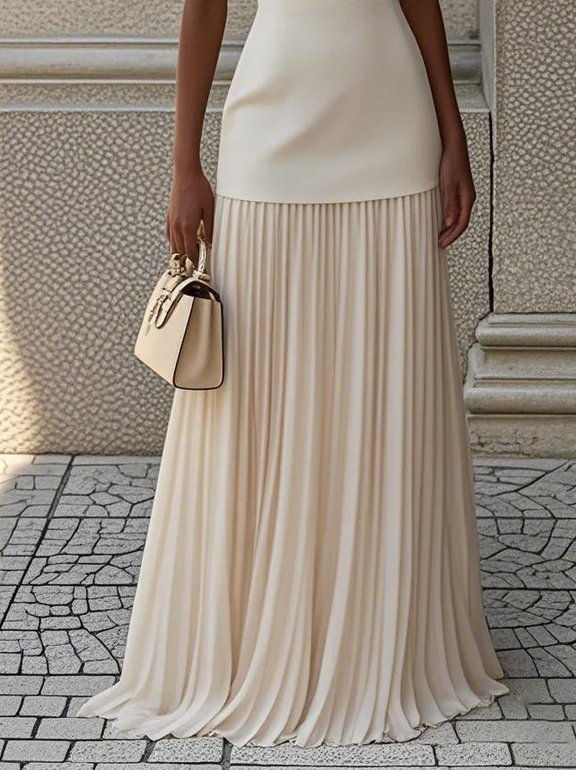 Women's Fashion Solid Color Straight Collar Stitching Pleated Sleeveless Maxi Dress MDA1153F8Y
