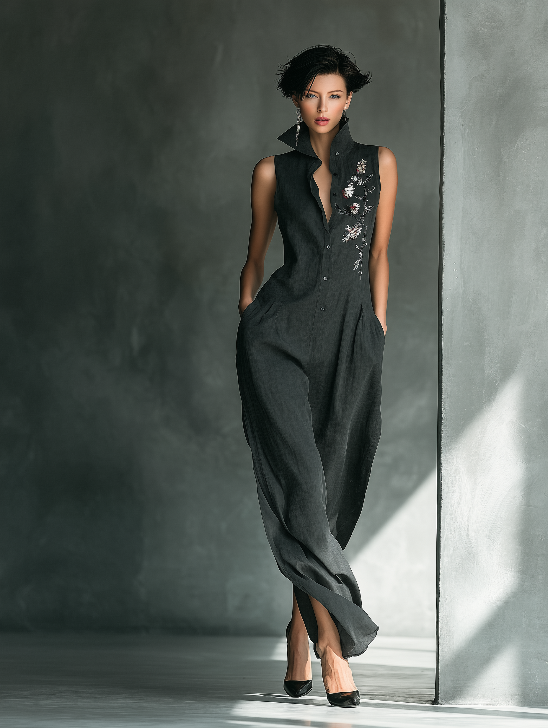 Women's Charcoal Cotton Blend Sleeveless Maxi Jumpsuit With Floral Embroidery & Stand Collar MDZ2516B3T