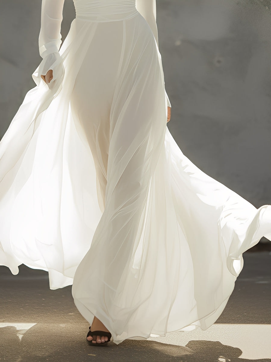 Women's Ivory Chiffon Dress With High Neck Cutout & Belted Waist, Timeless Elegant Style Dress MDA1149L3I