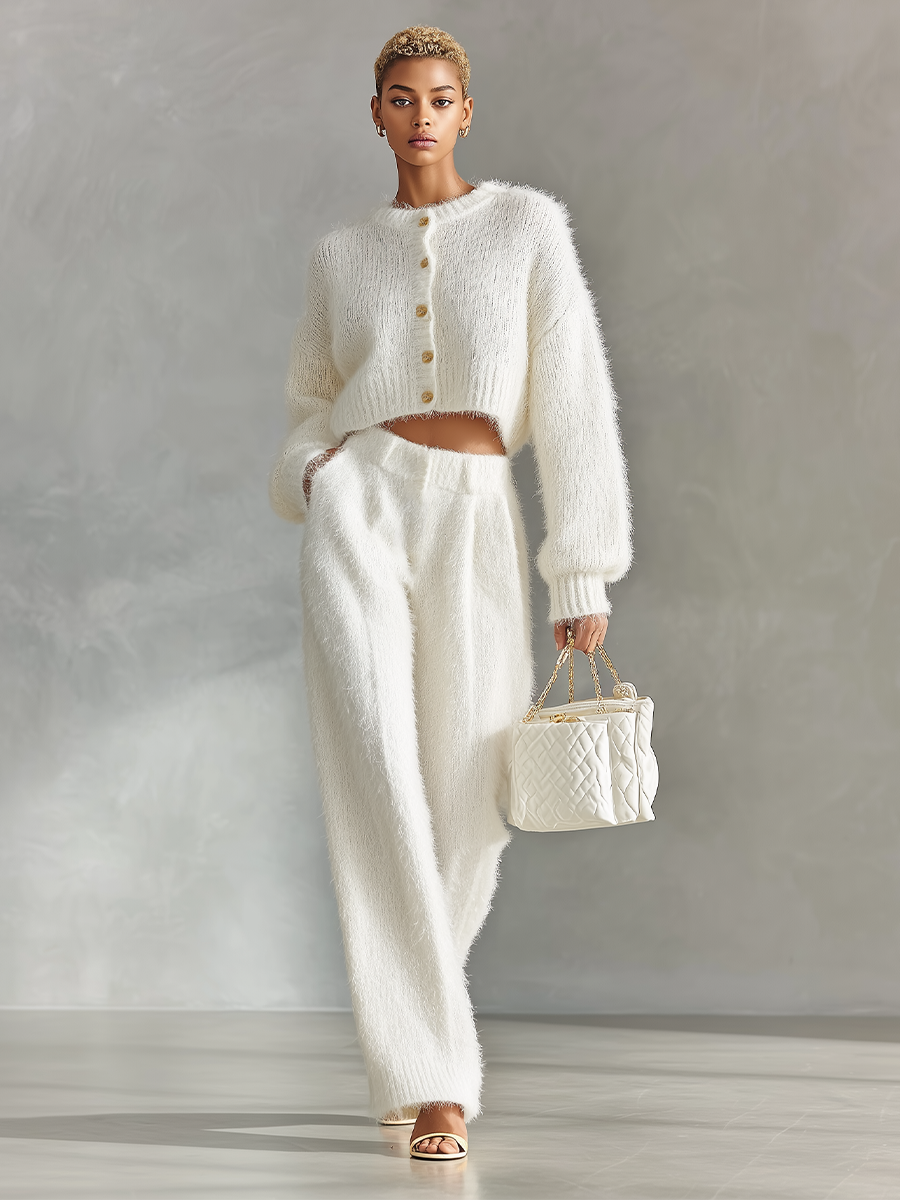 Women's White Elegant Fuzzy Knit Button - Front Cropped Cardigan And Wide - Leg Pants Set MDA1752I5I