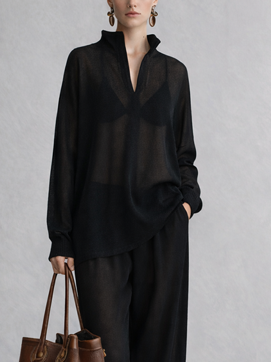 Women's Minimalist Black Twisted Linen V-neck Top And Wide-leg Pants Set MDZ1488A1BA