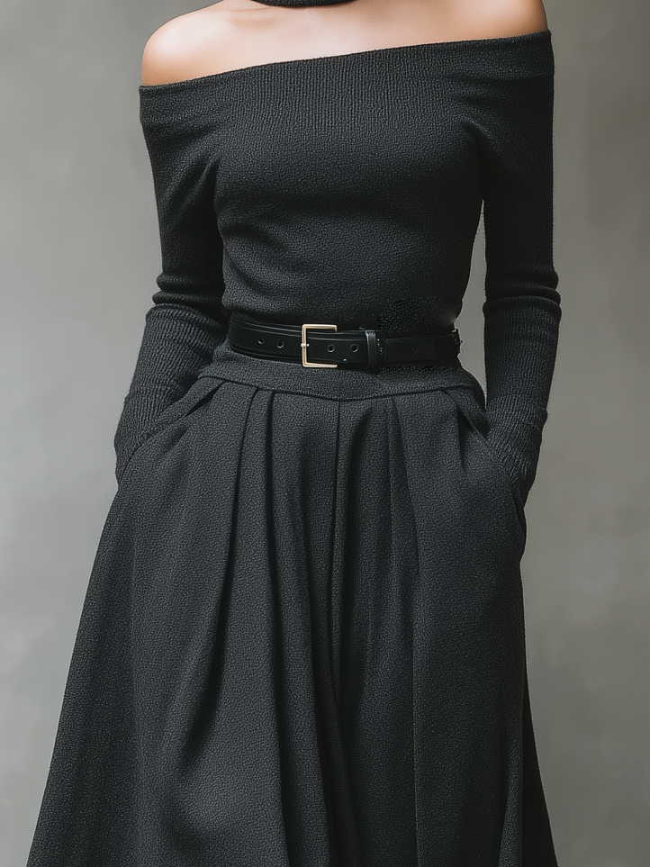 Women's Stylish And Elegant Gray Off-the-shoulder Long-sleeved Knit Top Paired With A Gray Midi Skirt (neck Warmer Not Included) MDA2082K8AN