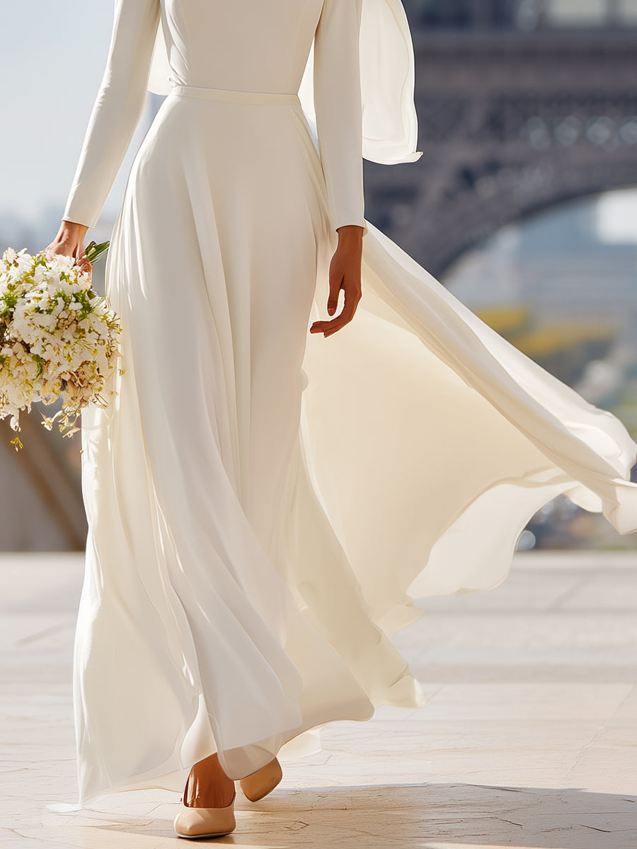 Women's White Modern Crepe One - Shoulder Draped Wedding Formal Gown MDA2052J6I