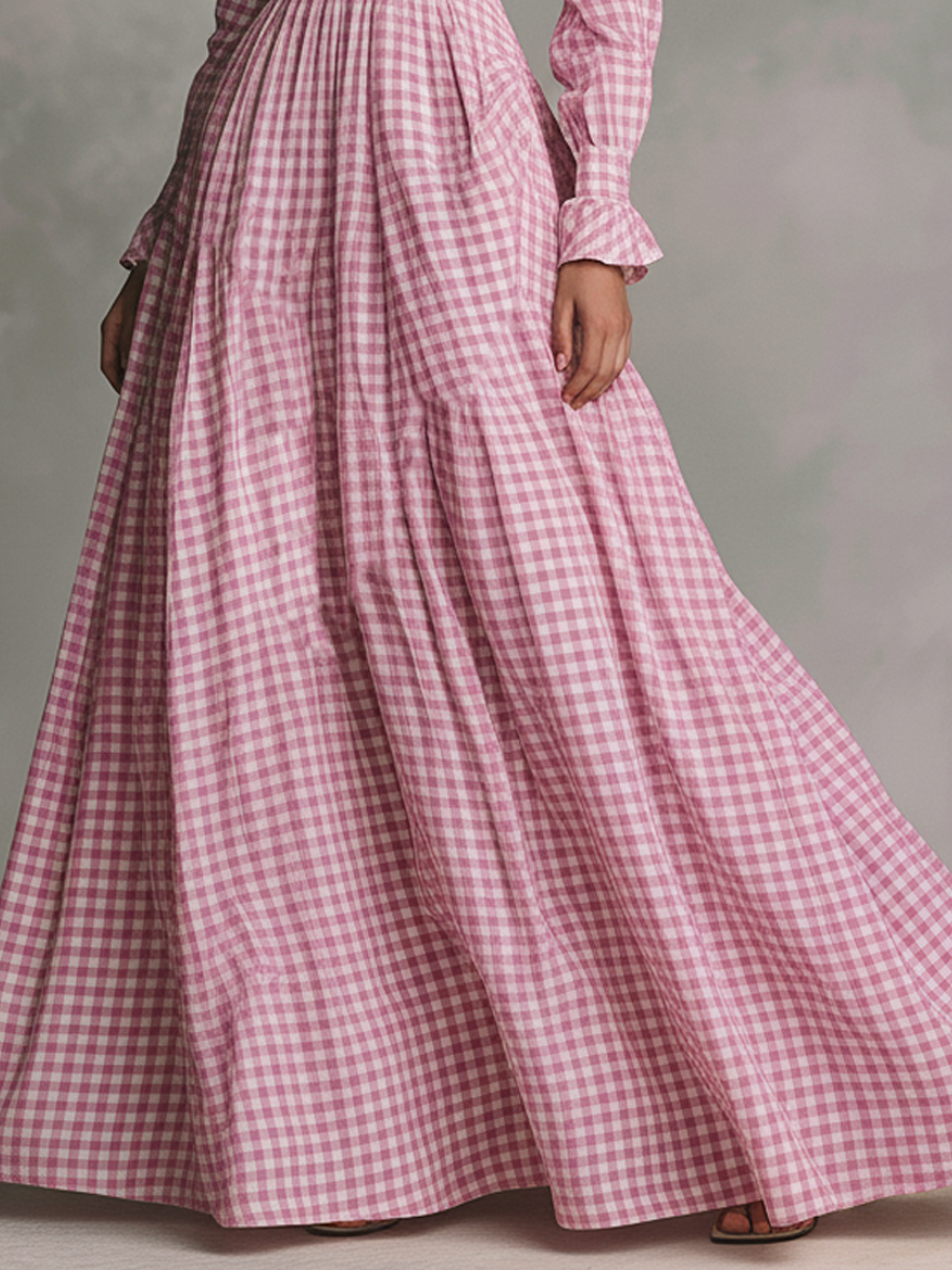 Women's Minimalist Checkered Square-neck Long-sleeved Maxi Dress MDA2747K9Y