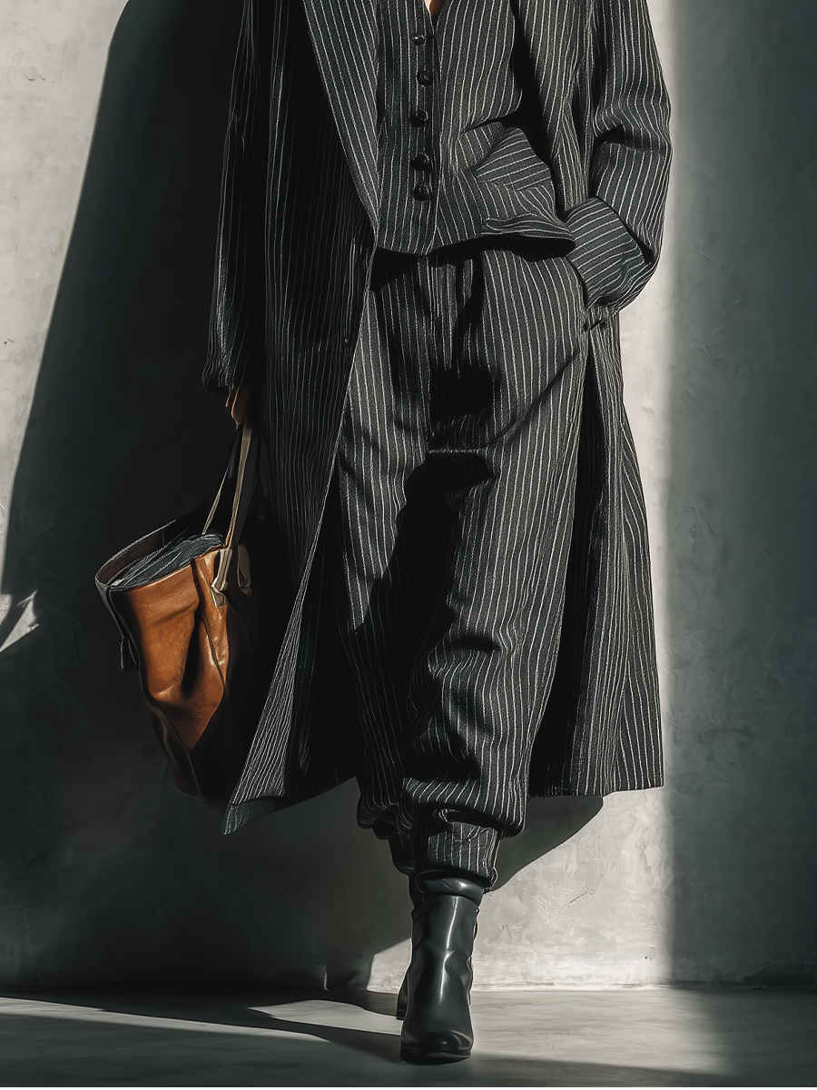 Women's Black Striped Fashionable Coat MDA1152J8T