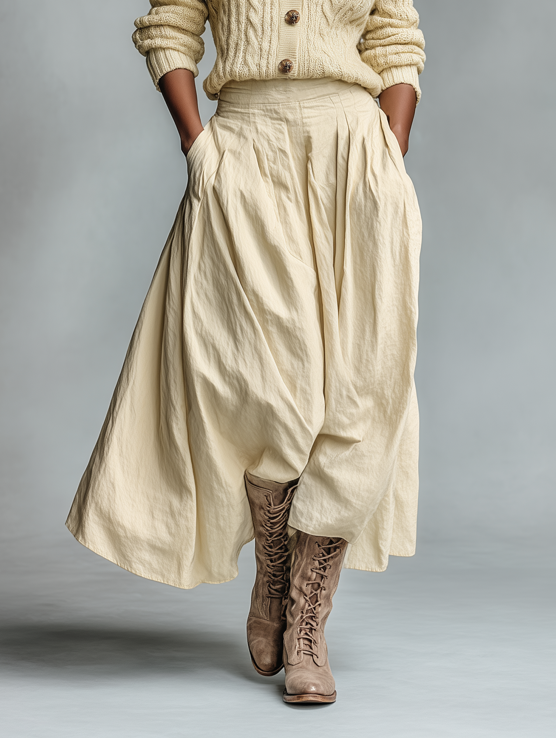 Women's Cable Knit Cardigan And Cotton-linen Skirt Set MDA3035K9Y