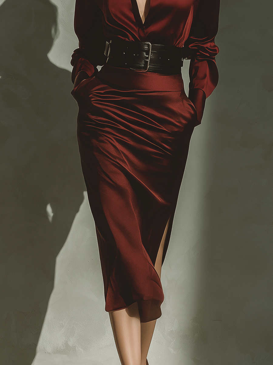 Women's Deep V Neck Side Slit Burgundy Satin Midi Dress (without Belt) MDA2867G4I