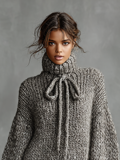 Women's Minimalist Loose Knitted High Neck Bow Tie Mini Dress MDA1696I0Y