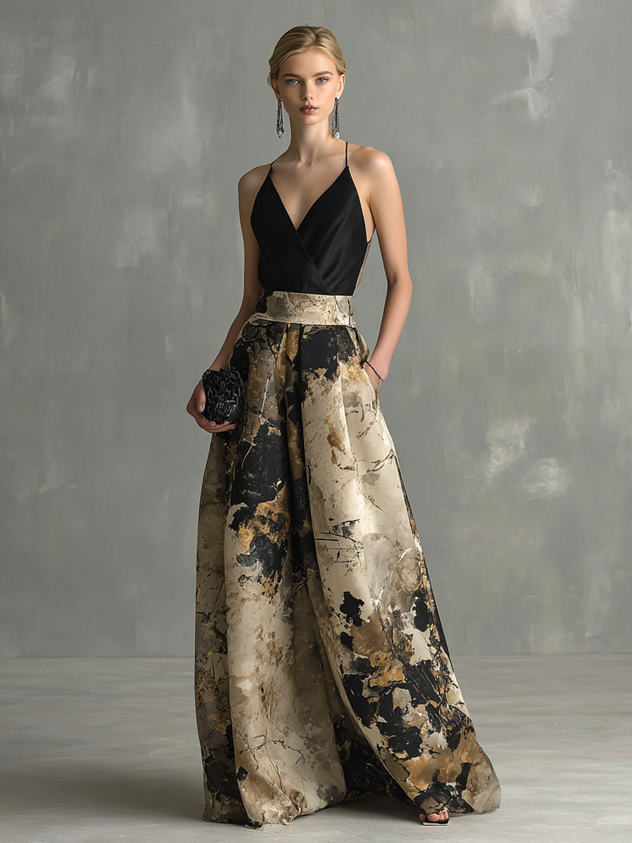 Women's Elegant Black And Beige Abstract Print V-Neck Spaghetti Strap Maxi Dress MDZ1483B2BA