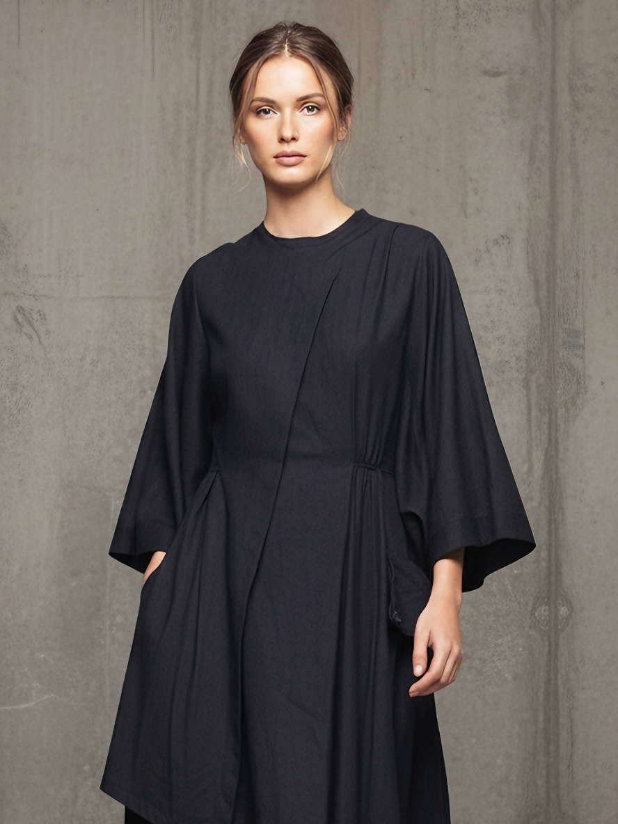 Women's Minimalist Cotton-Linen Blend Black Oversized Asymmetric Tunic & Wide-Leg Pants Set MDA1582L7AU