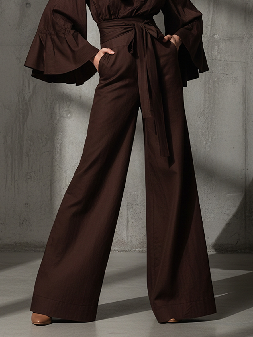 Women's Chic Linen-Blend Chocolate Brown Tie-Neck Flared-Sleeve Wide-Leg Pants Set MDA1644L1AU