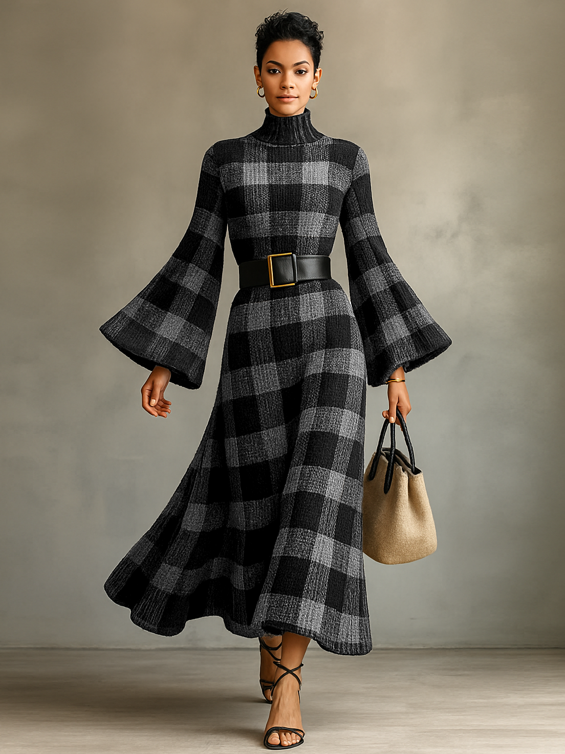 Women's Knitted Plaid Jacquard Turtleneck Flared Sleeve Maxi Dress MDA1276H5Y
