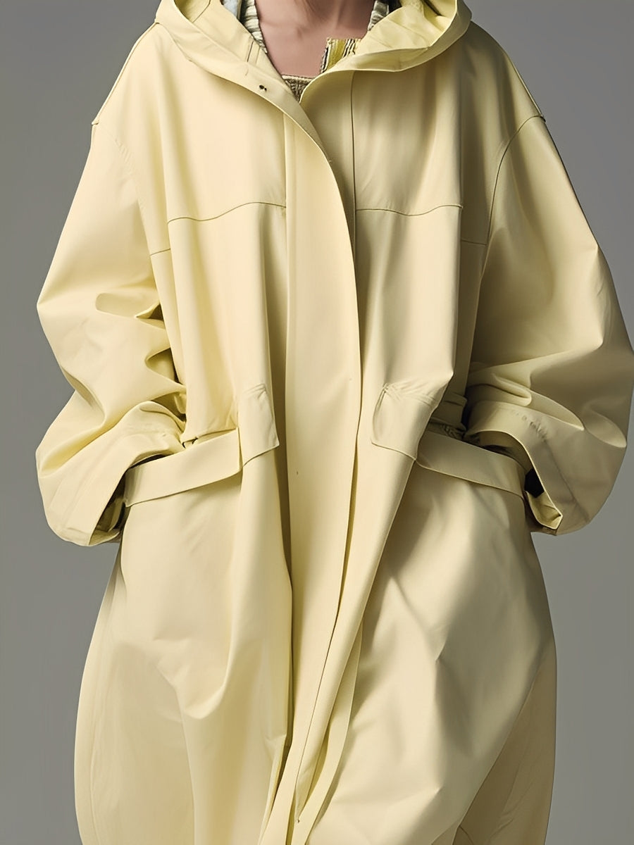 Women's Pale Yellow Textured Woven Fashion Coat With Patch Pockets & Relaxed Fit, Edgy Everyday Style Coat MDA2597K5I