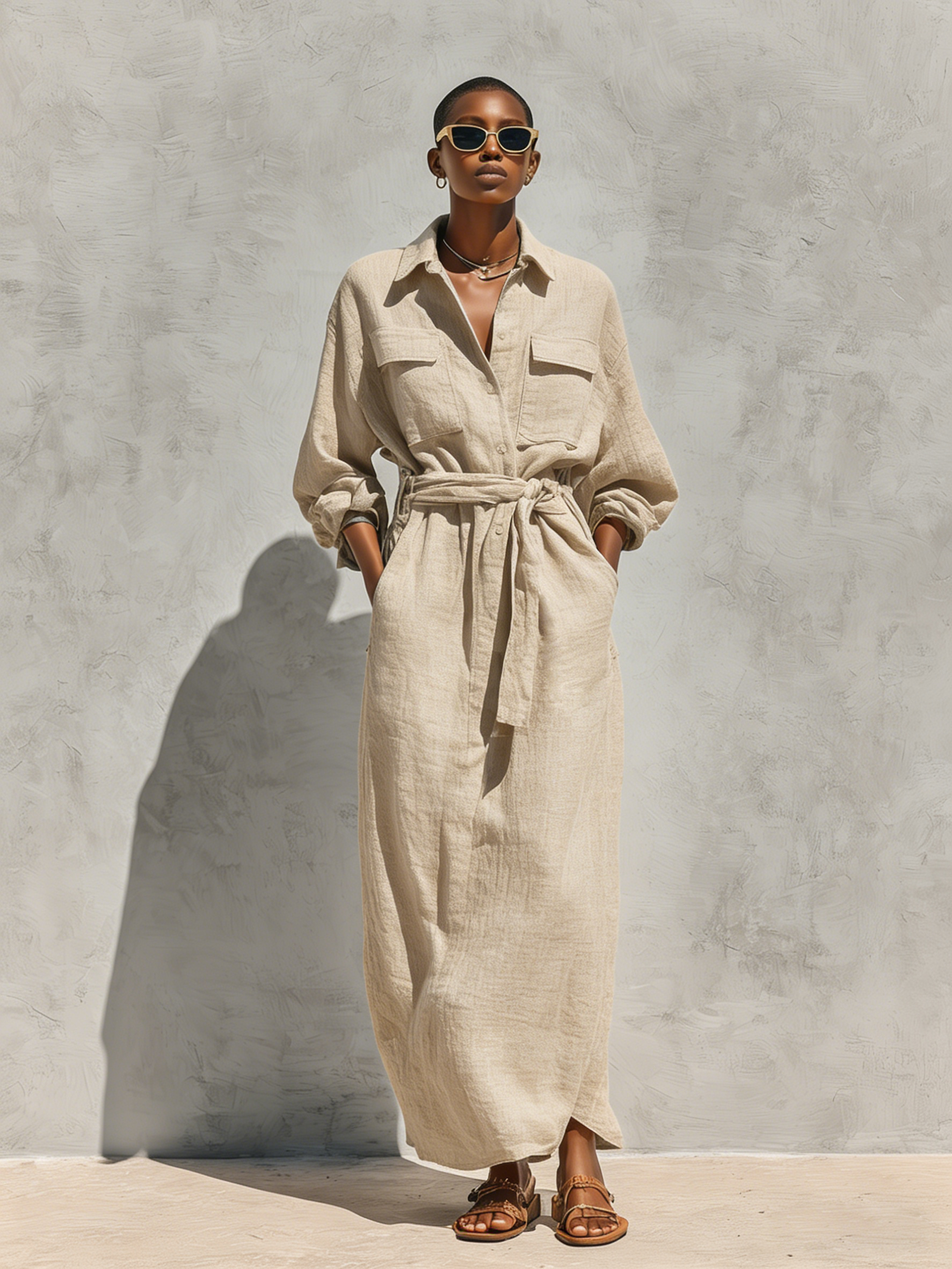 Women's Elegant Natural-colored Linen And Cotton Blend Long-sleeved Shirt Dress With A Loose Fit MDZ1366A7AN