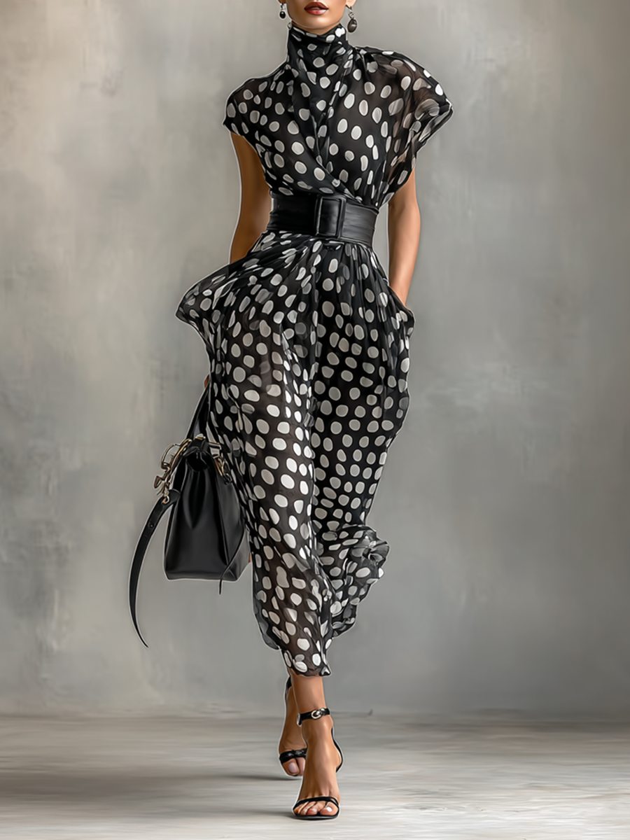 Women's Chiffon Polka Dot Print High Collar Cap Sleeve Belt Maxi Dress MDA1106G4Y