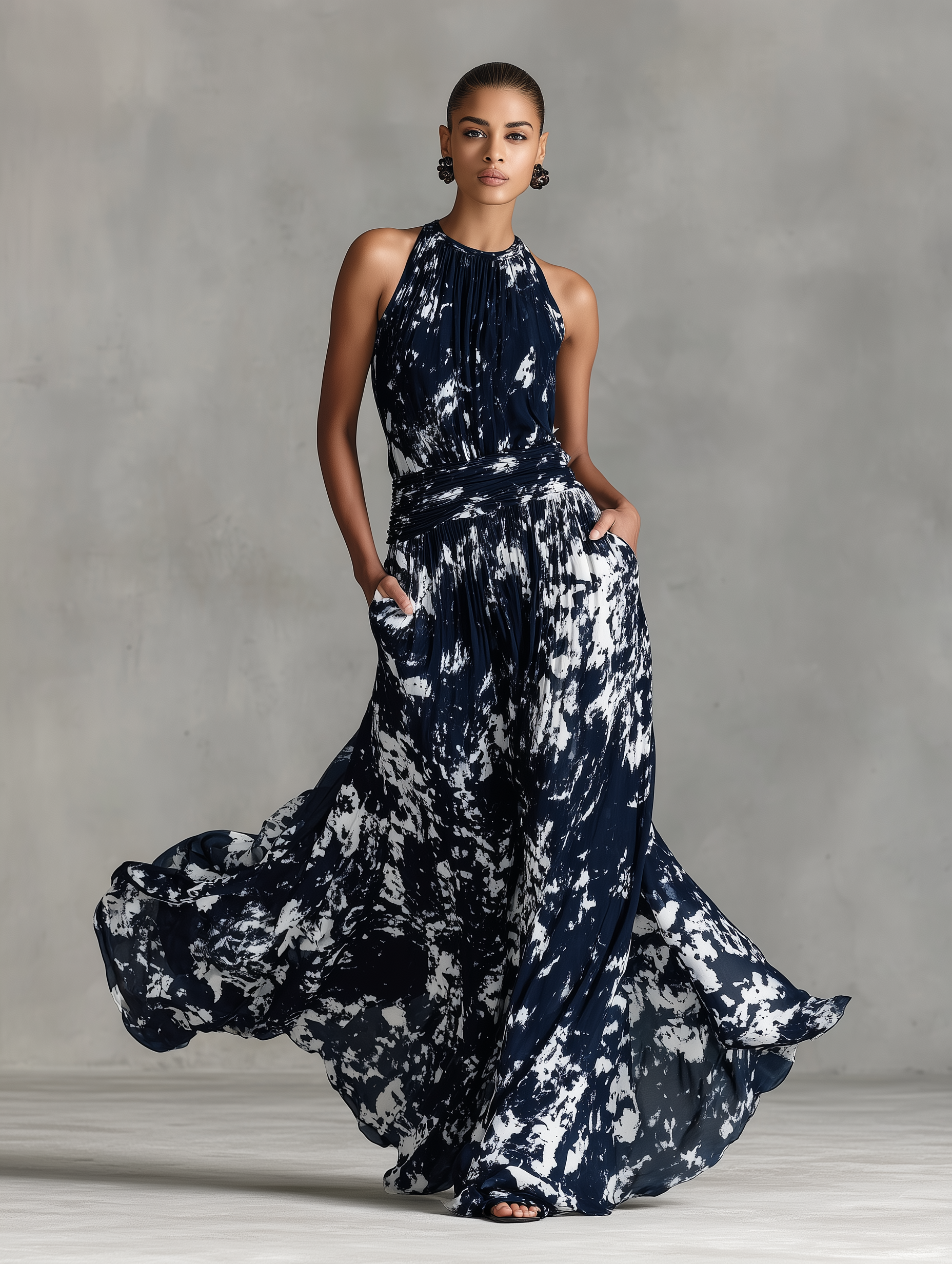 Women's Navy Blue & White Abstract Print Chiffon Dress With Halter Neck & Ruched Waist, Timeless Sexy-Elegant Style Dress MDZ2529B9I