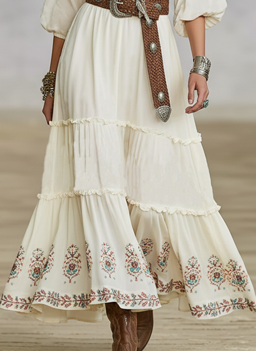 Women's Loose Cotton Linen Embroidered Mid-sleeve Maxi Dress MDA0450K4Y