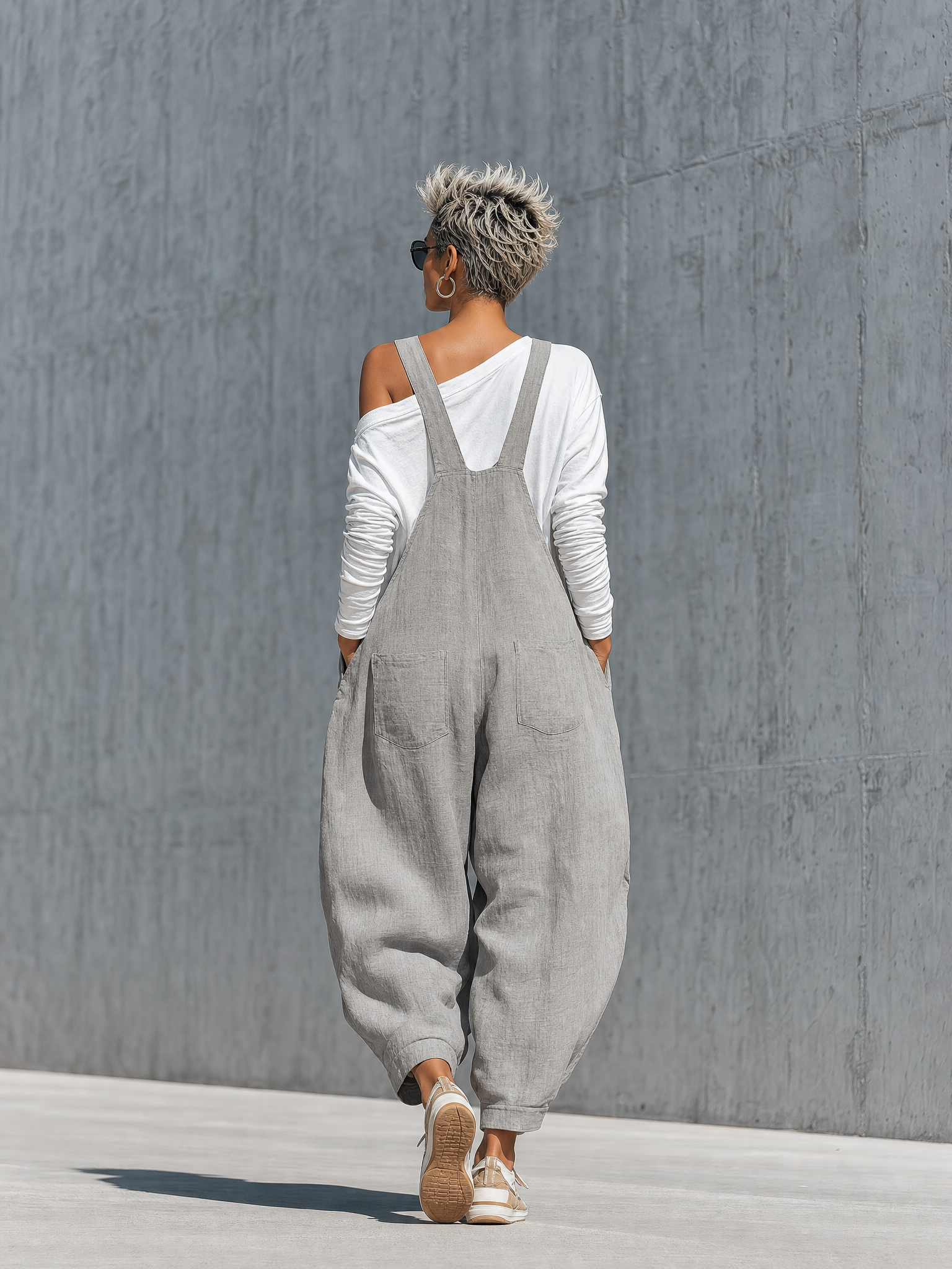 Women'S Casual Gray Cotton-linen blend Loose Fit Pocket Wide Leg Overalls With A White Base Layer MDZ2838G7YZJ