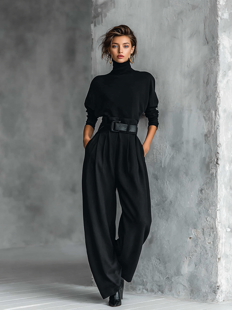 Women's All-black Turtleneck Long-sleeved T-shirt And Straight-leg Pants Two-piece Set (including Belt)MDA3095G6Y