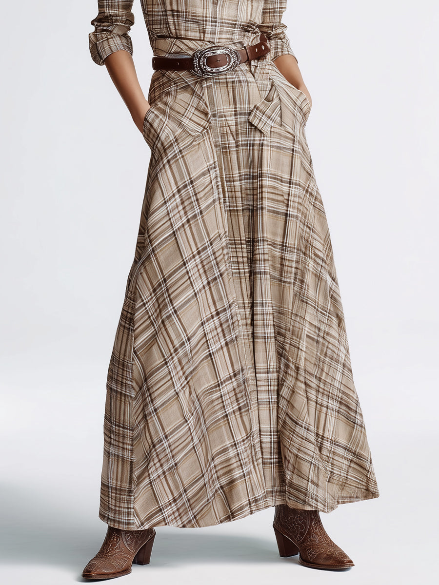 Women's Beige Plaid Shirt Dress With Maxi Length & Tie-Waist, Retro Western Fashion Dress MDA2706J2I
