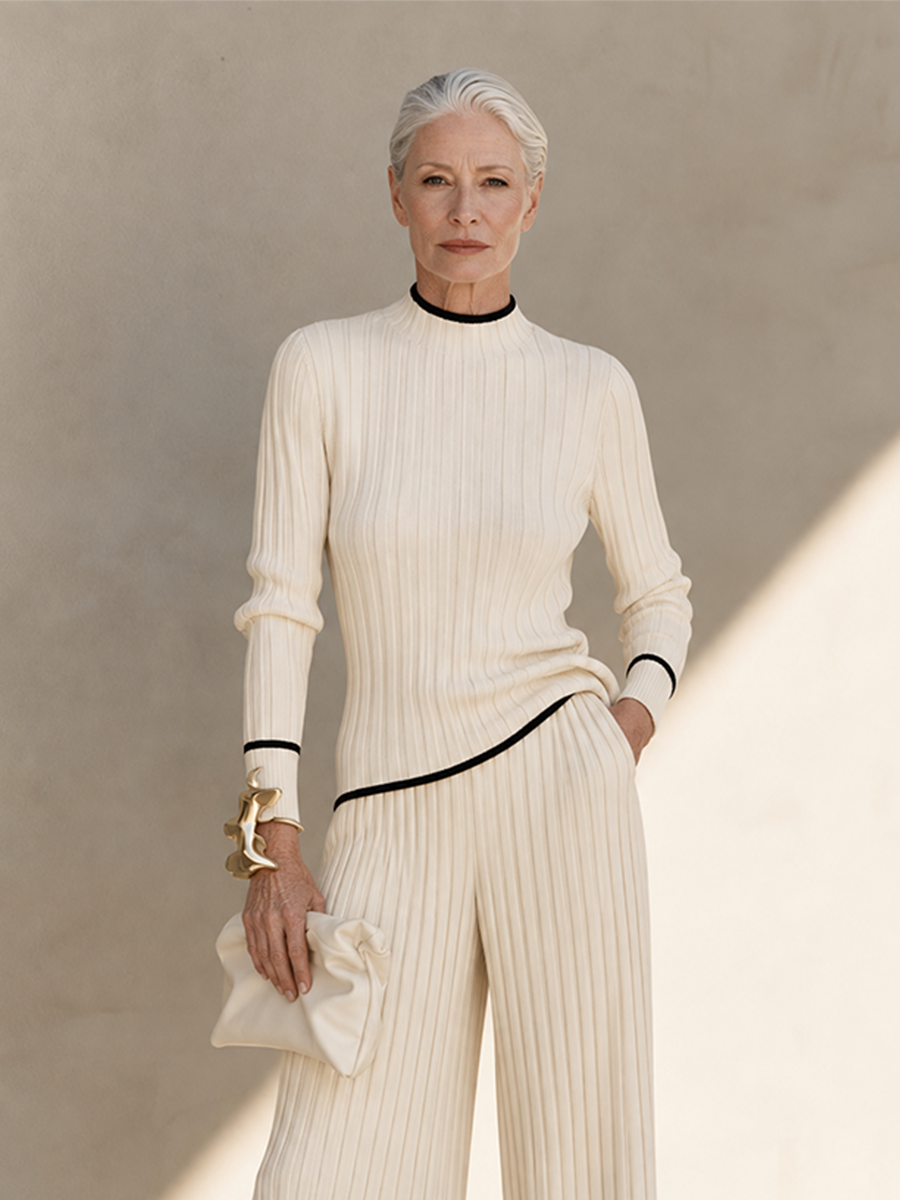 Women's Ivory Ribbed Knit Two-Piece Set with Contrast-Trim Top and Wide-Leg Pants