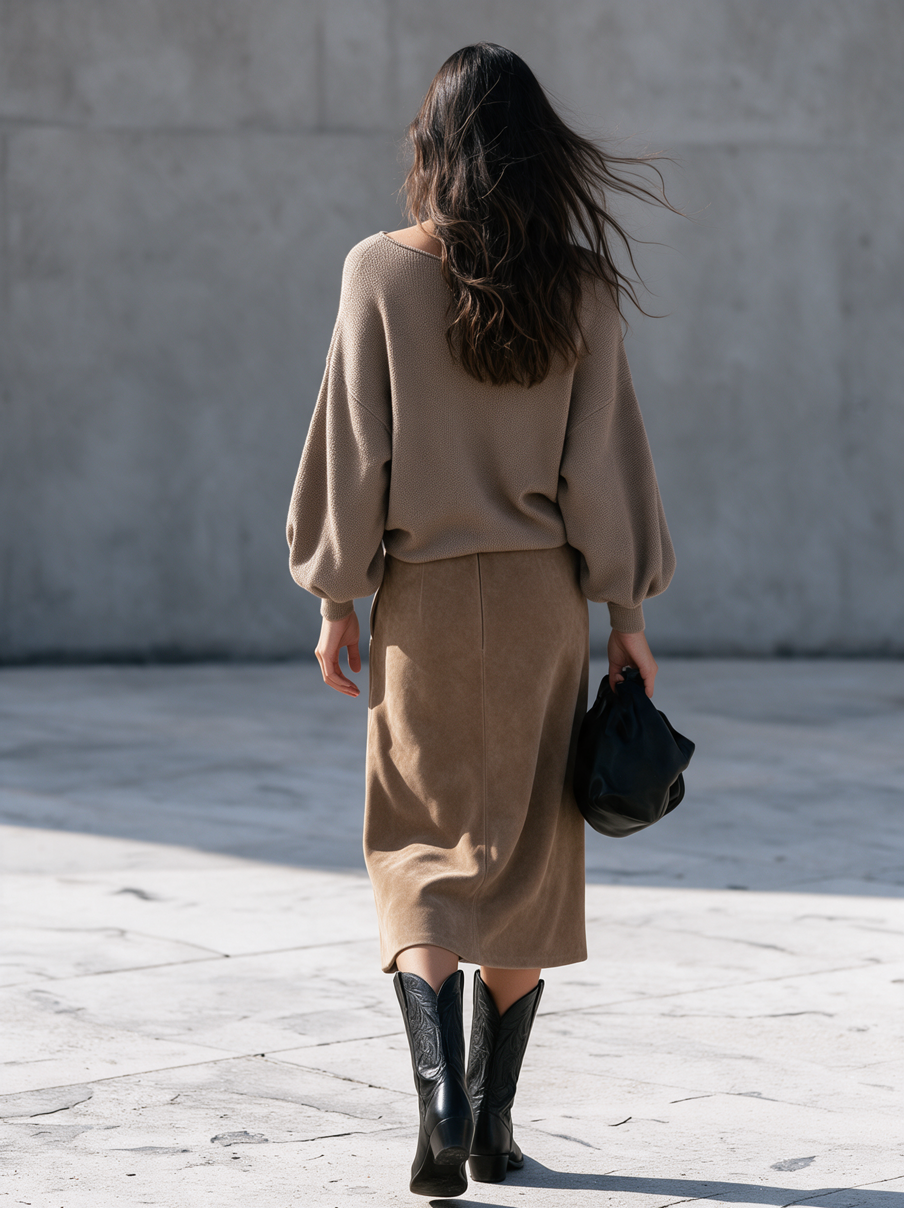 Women's Casual Two-piece Set Featuring A Brown Stretch-knit Long-sleeve Top And A Suede Skirt