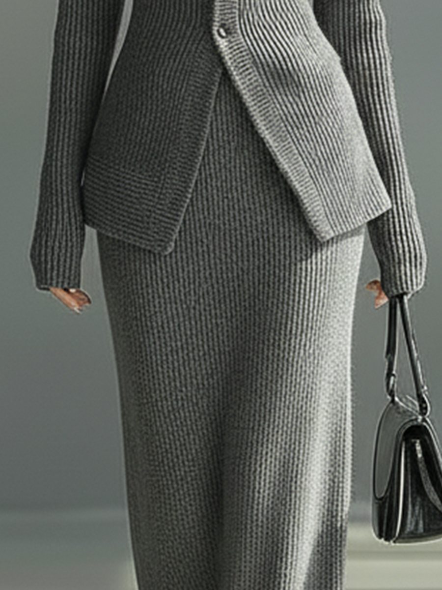 Women's Grey Knit Cardigan And Shift Skirt Set MDA2402J5T