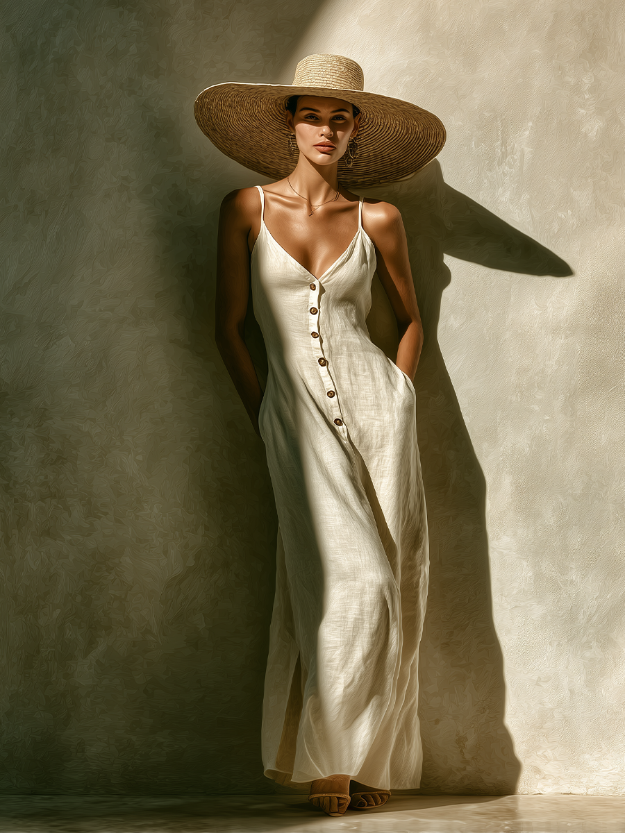 Women's Ivory Linen Dress With Spaghetti Straps & Button-Front Placket, Timeless Resort-Elegant Style Dress MDZ2755B8I