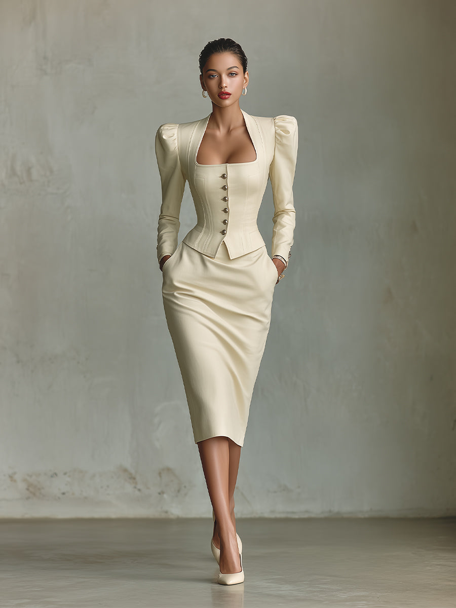 Women's Cream Elegant Satin Puff - Sleeve Button - Front Peplum Jacket And Midi Skirt Set MDA1709I8I