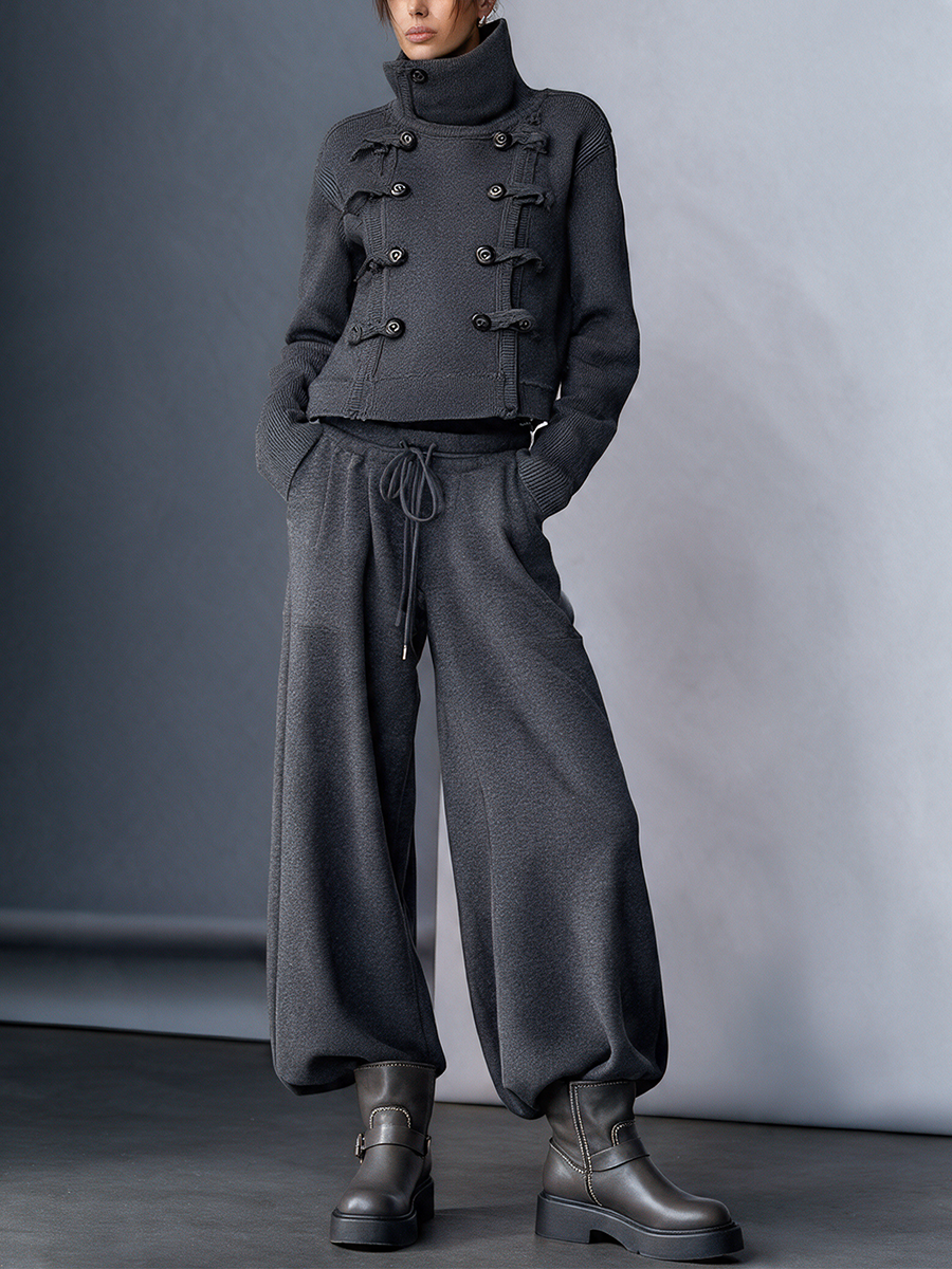 Women's High‑Collar Knit Military‑Style Cropped Jacket & Harem Wide‑Leg Pants Set MDZ0804I3R