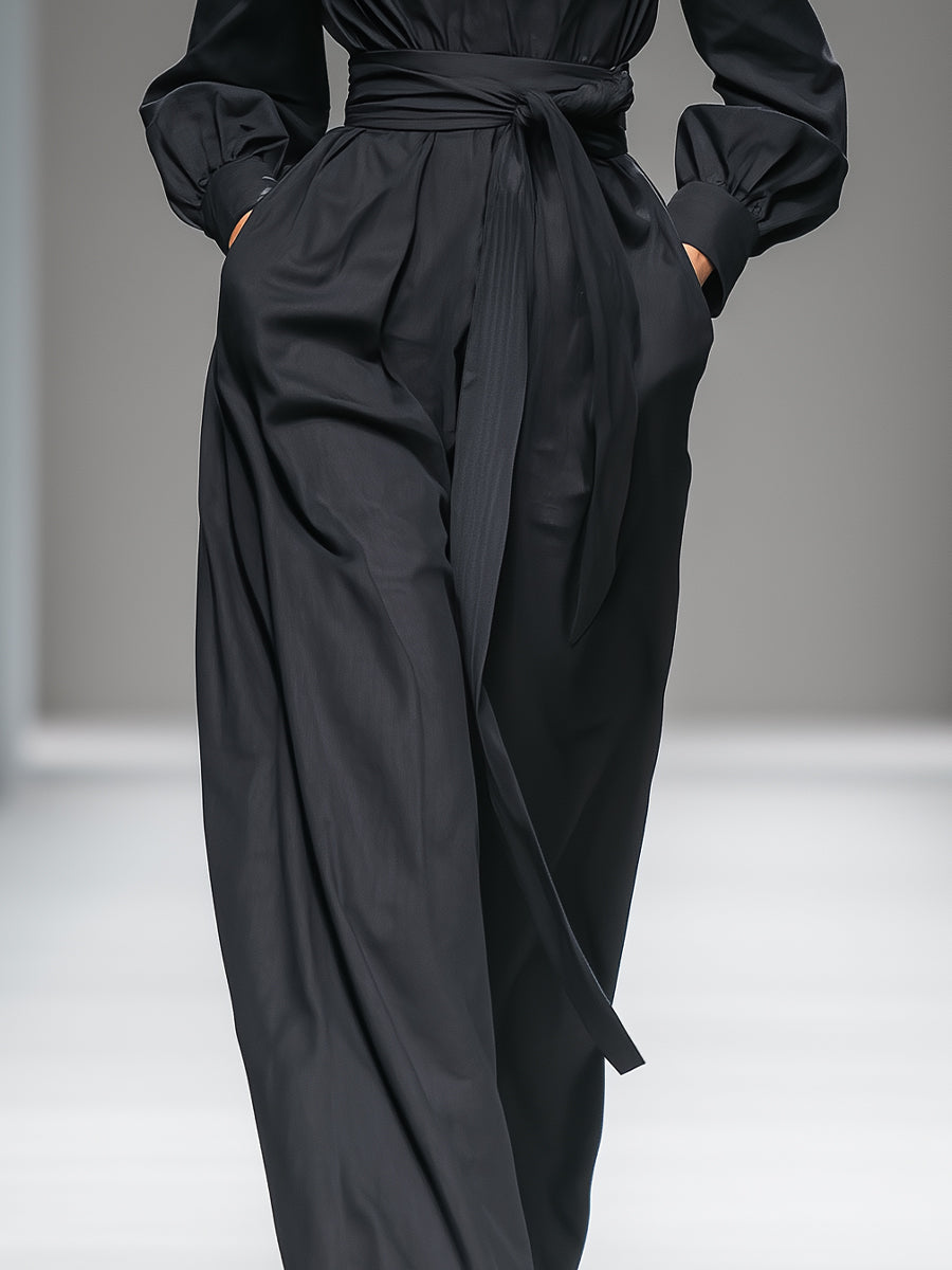 Women's Black Elegant Cotton Blend Zipper Neck Belted Jumpsuit MDA0562H1I