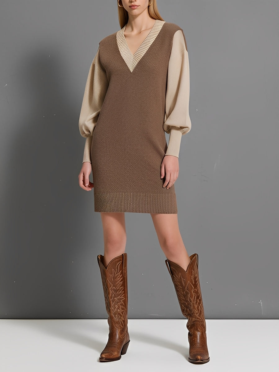 Women's Brown & Beige Knitted Casual-Chic Mini Dress With Contrast V-Neck & Puff Sleeves, Effortless Everyday Dress MDA2753J7I