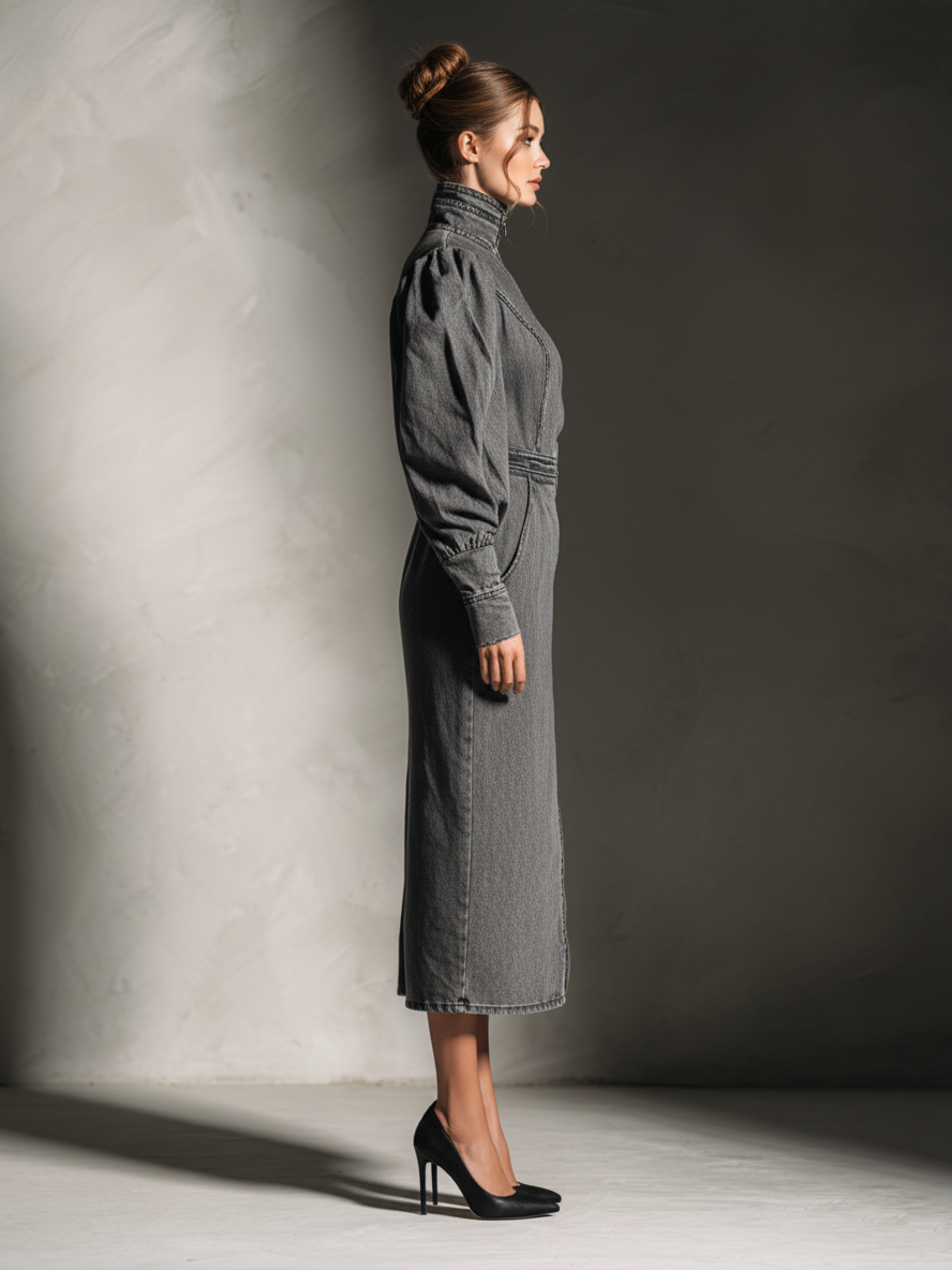 Women's Edgy Denim Blackened Gray Stand-Collar Puff-Sleeve Zip-Front Midi Dress MDA1622L9AU